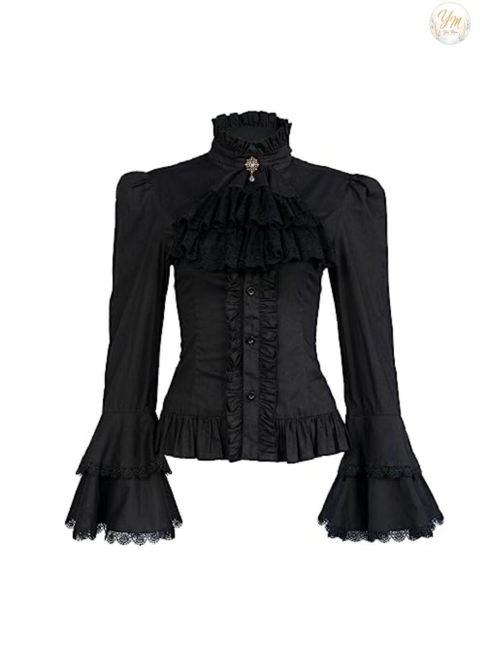 Victorian Lace Trim Ruffle Blouse with Detachable Tie - Flared Long Sleeve High